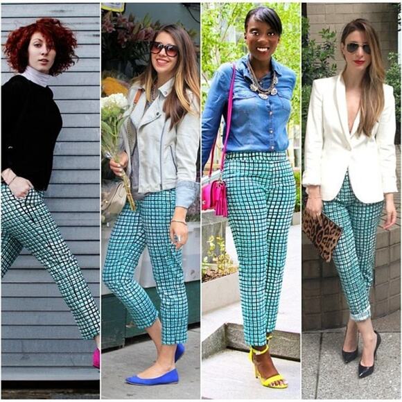 Kate Spade Spring Teal Grid Mid Rise Ankle Crop Pants - Picture 9 of 10